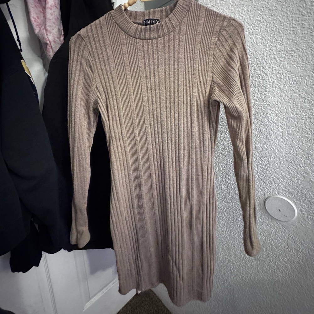 Timing Long Sleeve Ribbed Knit Dress in Beige